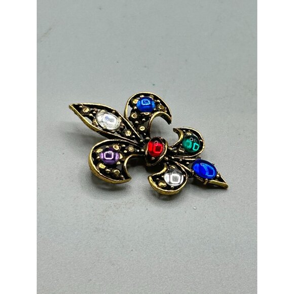 Vintage Jeweled Fleur De Lis Pin Brooch Gold Tone Red Blue Green Purple Cabochon - Picture 3 of 5